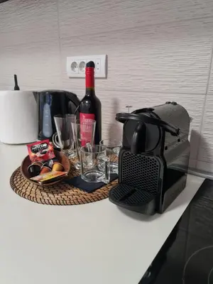 a bottle of wine and glasses on a counter at Dimiant Lux Apartment in Vračar (historical)