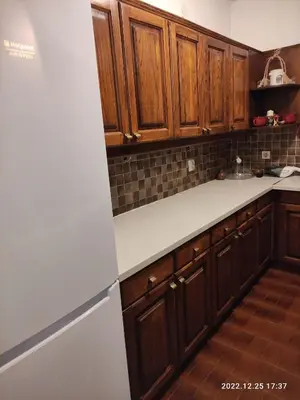 a kitchen with wooden cabinets and a white refrigerator at Stan na dan in Resnik