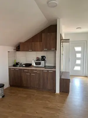 a kitchen with wooden cabinets and a white microwave at Apartman Dunja in Arandjelovac