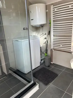 a bathroom with a shower stall and a toilet at Apartman Dunja in Arandjelovac