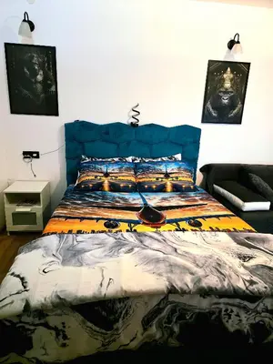 a bed with a blue head board in a bedroom at Gorila 1 in Voždovac