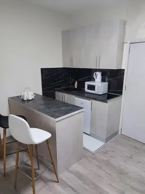 a kitchen with a counter and a white microwave at Apartman mikikiki in Belgrade