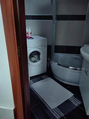 a bathroom with a washing machine and a toilet at Apartman K2 in Žarkovo