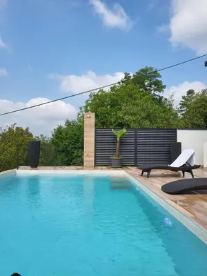 a swimming pool with a chair next to a house at Vila lake in Karaula