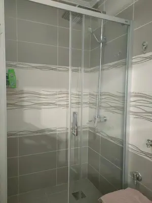 a shower with a glass door in a bathroom at Kapetan Misina-Nina in Belgrade
