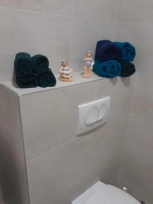 a bathroom with a toilet and some towels on a shelf at Apartman Marija in Voždovac