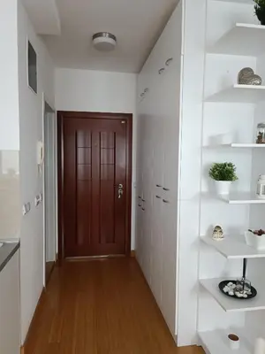 a hallway with white walls and a brown door at WHITE apartment in Belgrade