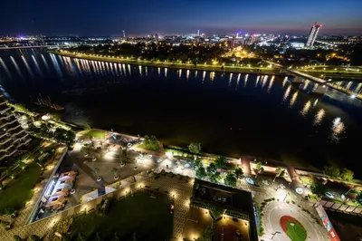 an aerial view of a city at night at BW Residences penthouse 2BDR with pool&gym in Belgrade