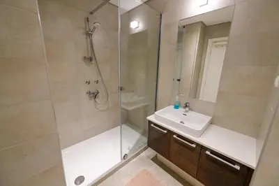 a bathroom with a shower and a sink at BW Residences penthouse 2BDR with pool&gym in Belgrade