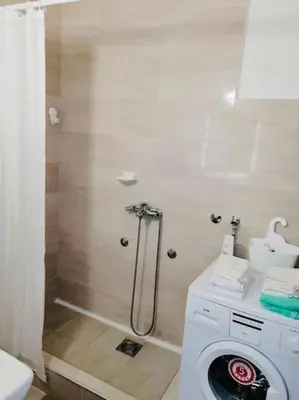 a bathroom with a shower and a washing machine at Dorcol hideaway in Belgrade
