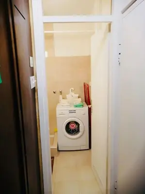 a small bathroom with a washing machine in a hallway at Dorcol hideaway in Belgrade