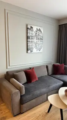 a living room with a gray couch with red pillows at DOM Boutique Apartments AURORA in Belgrade