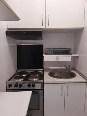 a small kitchen with a stove and a sink at Brdo lux in Belgrade