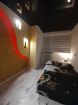 a bedroom with a bed with a black comforter at Brdo lux in Belgrade