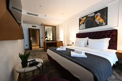 a hotel room with a large bed in a room at Hotel Tamiš & Spa in Pančevo