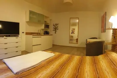 a living room with a wooden floor and a kitchen at STUDIO 77 in Belgrade