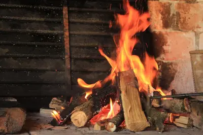 a fire is burning in a brick oven at Buzzing Retreat in Velika Remeta