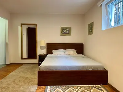 a bedroom with a bed and a window at Dorcoleta Apartment in Belgrade