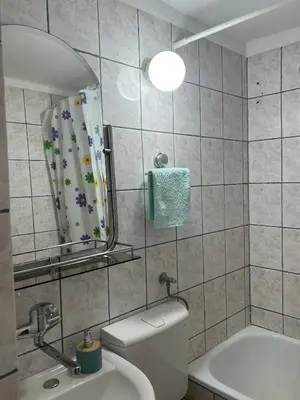 a bathroom with a toilet and a sink and a mirror at Dorcoleta Apartment in Belgrade