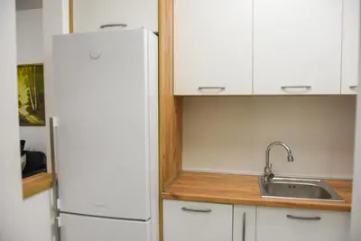 a kitchen with a white refrigerator and a sink at Apartment Barcelona Zemun Belgrade in Zemun
