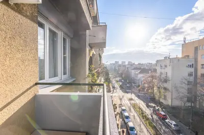 a balcony with a view of a city street at Brand new flat near Tesla museum in Belgrade