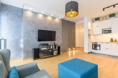a living room with a couch and a tv at Brand new flat near Tesla museum in Belgrade