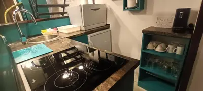 a small kitchen with a stove and a sink at Old Café Spa Apartment - Unique space in Belgrade
