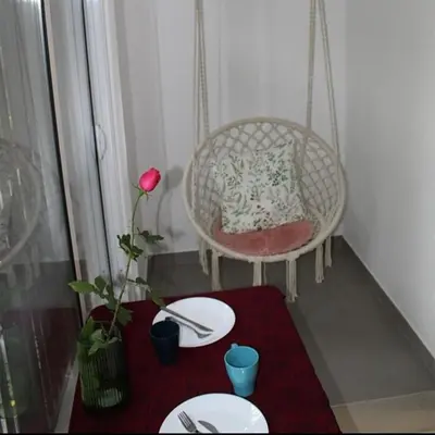 a room with a chair and a table and a flower at N&AA apartman in Belgrade