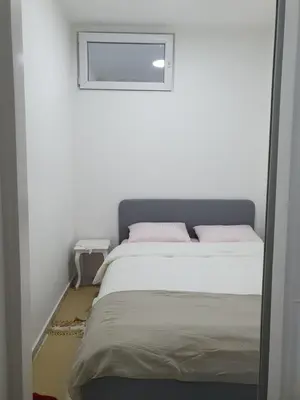 a bedroom with a bed with pink pillows and a window at AS Apartment in Tošin Bunar
