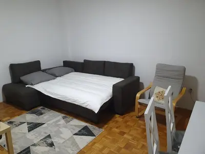 a black couch in a living room with a table at AS Apartment in Tošin Bunar