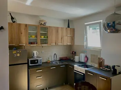 a kitchen with wooden cabinets and a stainless steel refrigerator at Amazing Memories in Belgrade