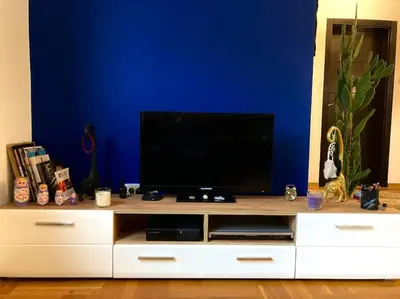 a entertainment center with a television on a blue wall at Amazing Memories in Belgrade