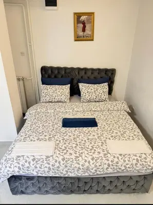 a bedroom with a large bed with blue and white sheets at Alexandar13 in Belgrade