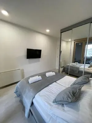 a bedroom with a large bed with a tv on the wall at Iskra in Karaburma