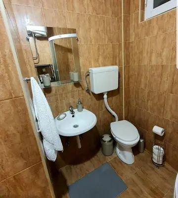 a bathroom with a toilet and a sink at Emerald Apartment Belgrade in Senjak (historical)