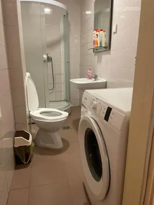 a bathroom with a washing machine and a toilet at Journey Home in Belgrade