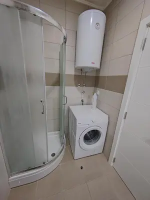 a small bathroom with a washing machine and a shower at Fimiso in Borča