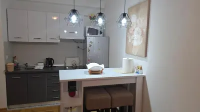 a kitchen with white cabinets and a white counter top at Fimiso in Borča