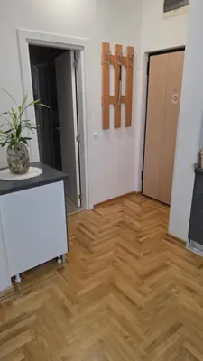 an empty room with a wooden floor and a door at Fimiso in Borča