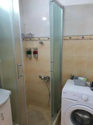 a bathroom with a shower and a washing machine at Sunflower apartment in Žarkovo