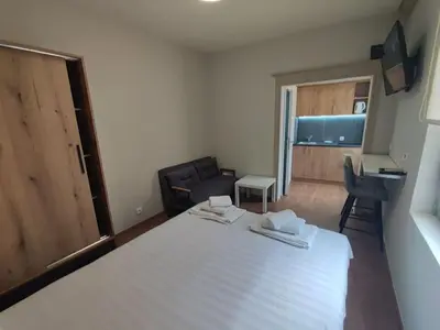 a bedroom with a bed and a chair and a desk at Centar 2 in Belgrade