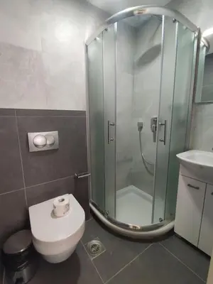 a bathroom with a shower and a toilet and a sink at Centar 2 in Belgrade