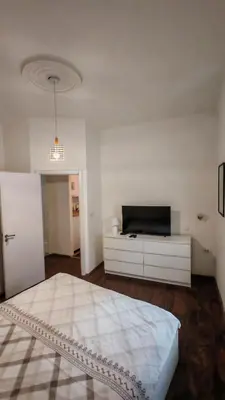 a white bedroom with a bed and a tv at ZELENI VENAC Studio & Apartment in Belgrade