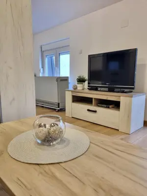 a living room with a television and a glass bowl on a table at Apartment S in Belgrade