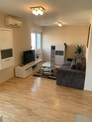 a living room with a couch and a flat screen tv at Vanja's place in Belgrade