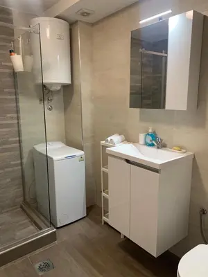 a small bathroom with a sink and a shower at Vanja's place in Belgrade