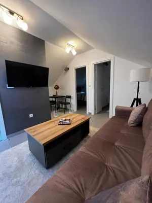 a living room with a couch and a flat screen tv at Ortak Apartments in Belgrade
