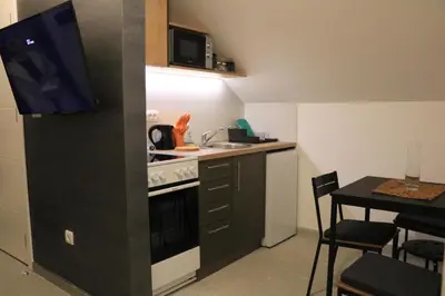 a kitchen with a stove and a sink and a table at Ortak Apartments in Belgrade