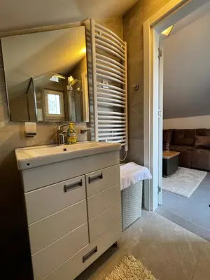 a bathroom with a sink and a mirror at Ortak Apartments in Belgrade