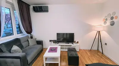 a living room with a couch and a tv at TALIJA in Vračar (historical)
